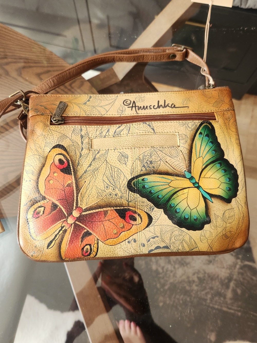 Anuschka Tan Leather Crossbody Bag with Green Orange Blue Butterflies